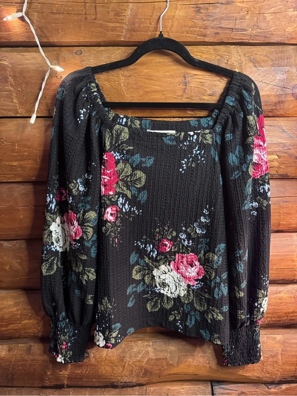 LOFT Black Floral Square-Neck Peasant Blouse